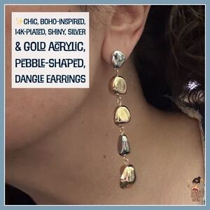 ✨Chic, 14k-Plated, Shiny, Silver & Gold Acrylic, Pebble-Shaped, Dangle Earrings